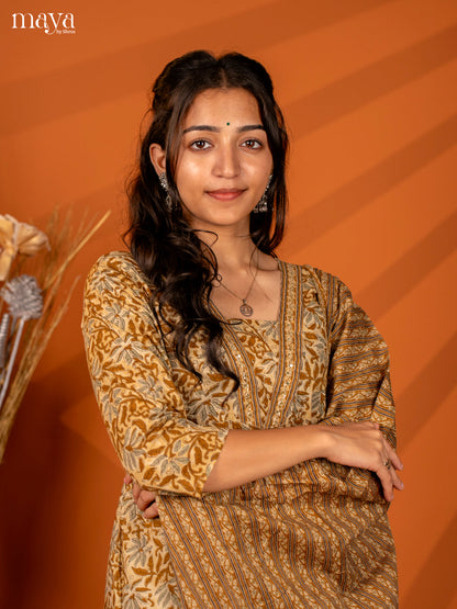 Brown Cotton 3PC Salwar with Block Print - Top, Bottom & Dupatta - Shop on Shrus.com