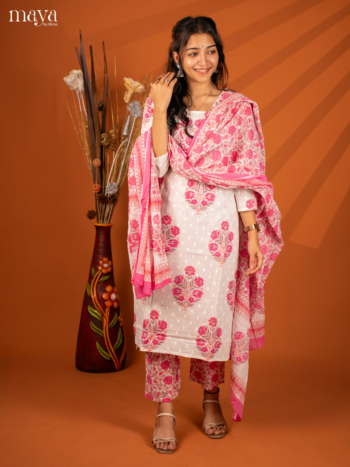 White Cotton 3Pc Salwar with Floral Print - Top, Bottom & Dupatta - Shop on Shrus.com
