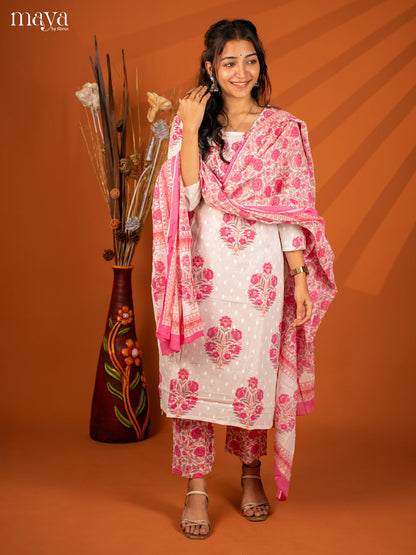 White Cotton 3Pc Salwar with Floral Print - Top, Bottom & Dupatta - Shop on Shrus.com