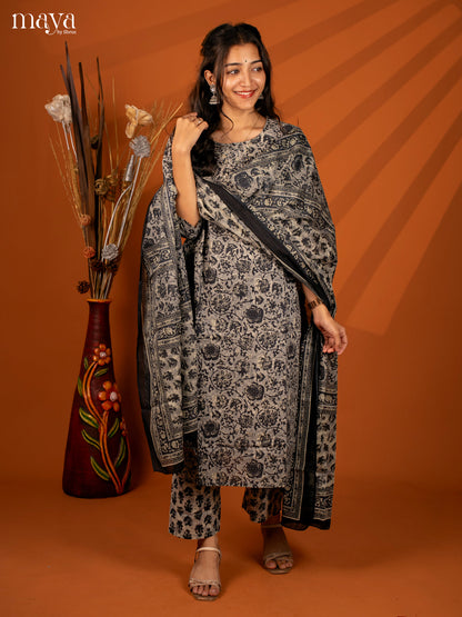Grey Cotton 3Pc Salwar with Floral Print - Top, Bottom & Dupatta - Shop on Shrus.com