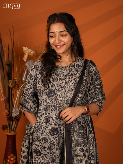 Grey Cotton 3Pc Salwar with Floral Print - Top, Bottom & Dupatta - Shop on Shrus.com
