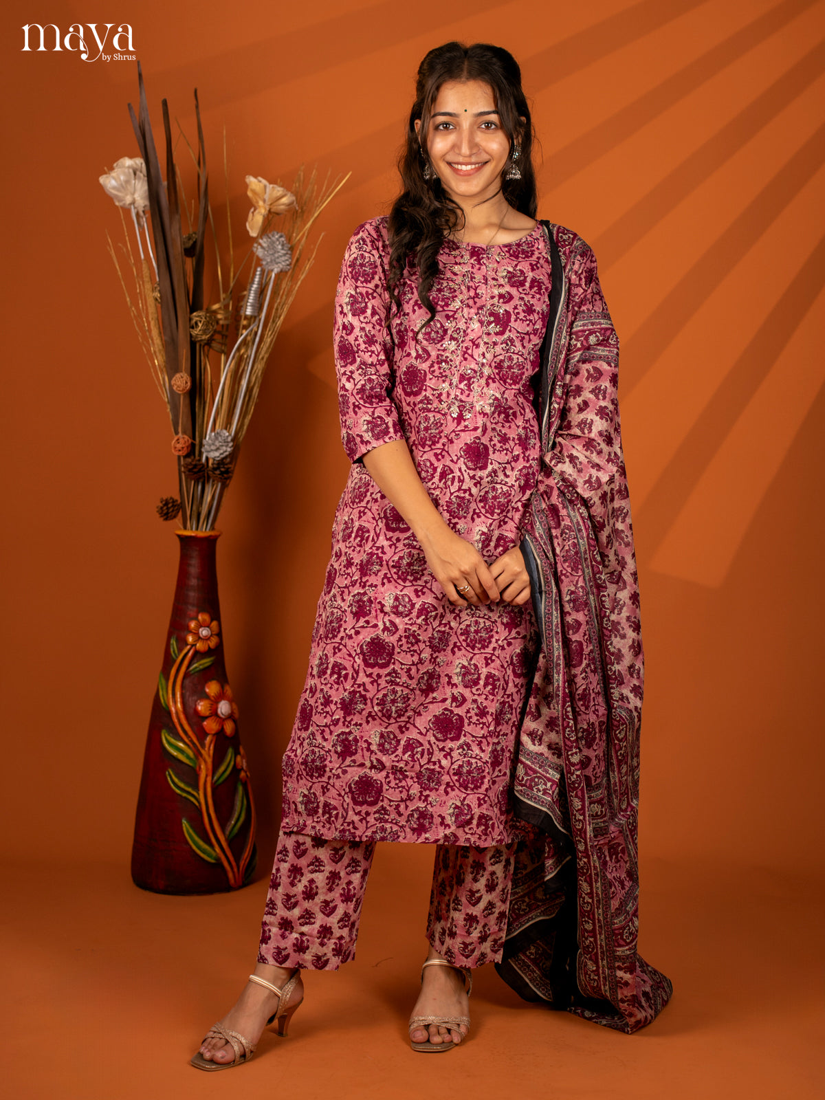 Pink Cotton 3Pc Salwar with Floral Print - Top, Bottom & Dupatta - Shop on Shrus.com