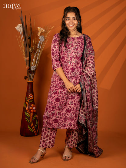 Pink Cotton 3Pc Salwar with Floral Print - Top, Bottom & Dupatta - Shop on Shrus.com