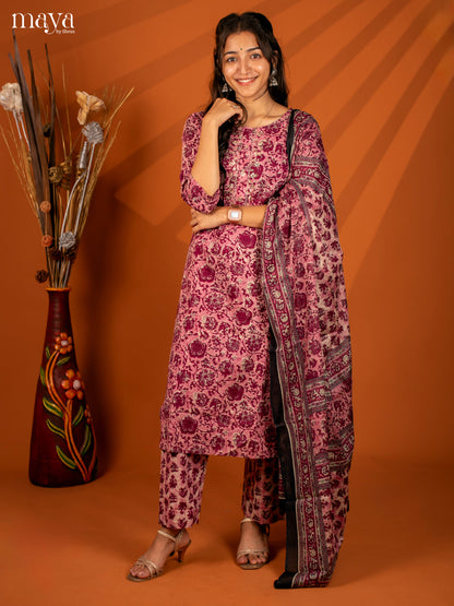 Pink Cotton 3Pc Salwar with Floral Print - Top, Bottom & Dupatta - Shop on Shrus.com