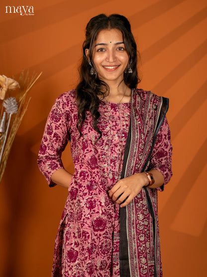Pink Cotton 3Pc Salwar with Floral Print - Top, Bottom & Dupatta - Shop on Shrus.com