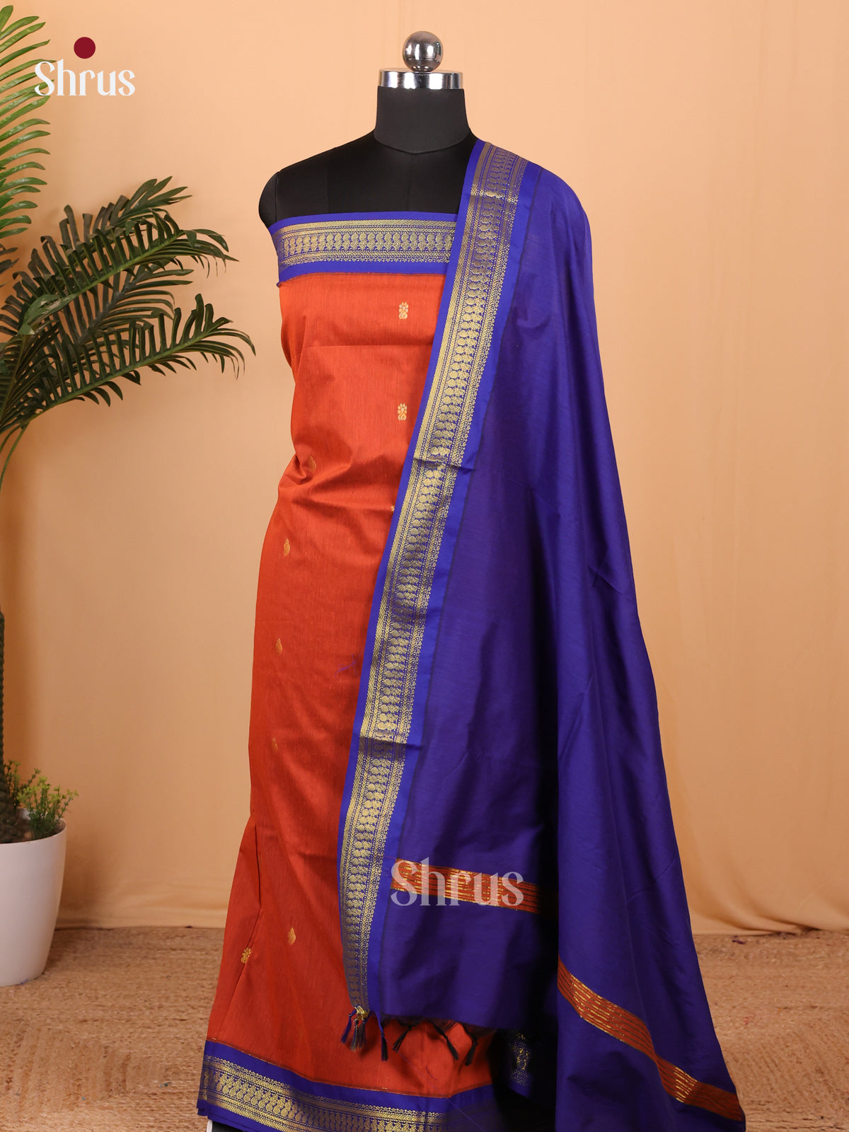Orange & Blue - Kalyani Cotton Unstitched Top & Dupatta - MDA22004 - Shop on Shrus.com