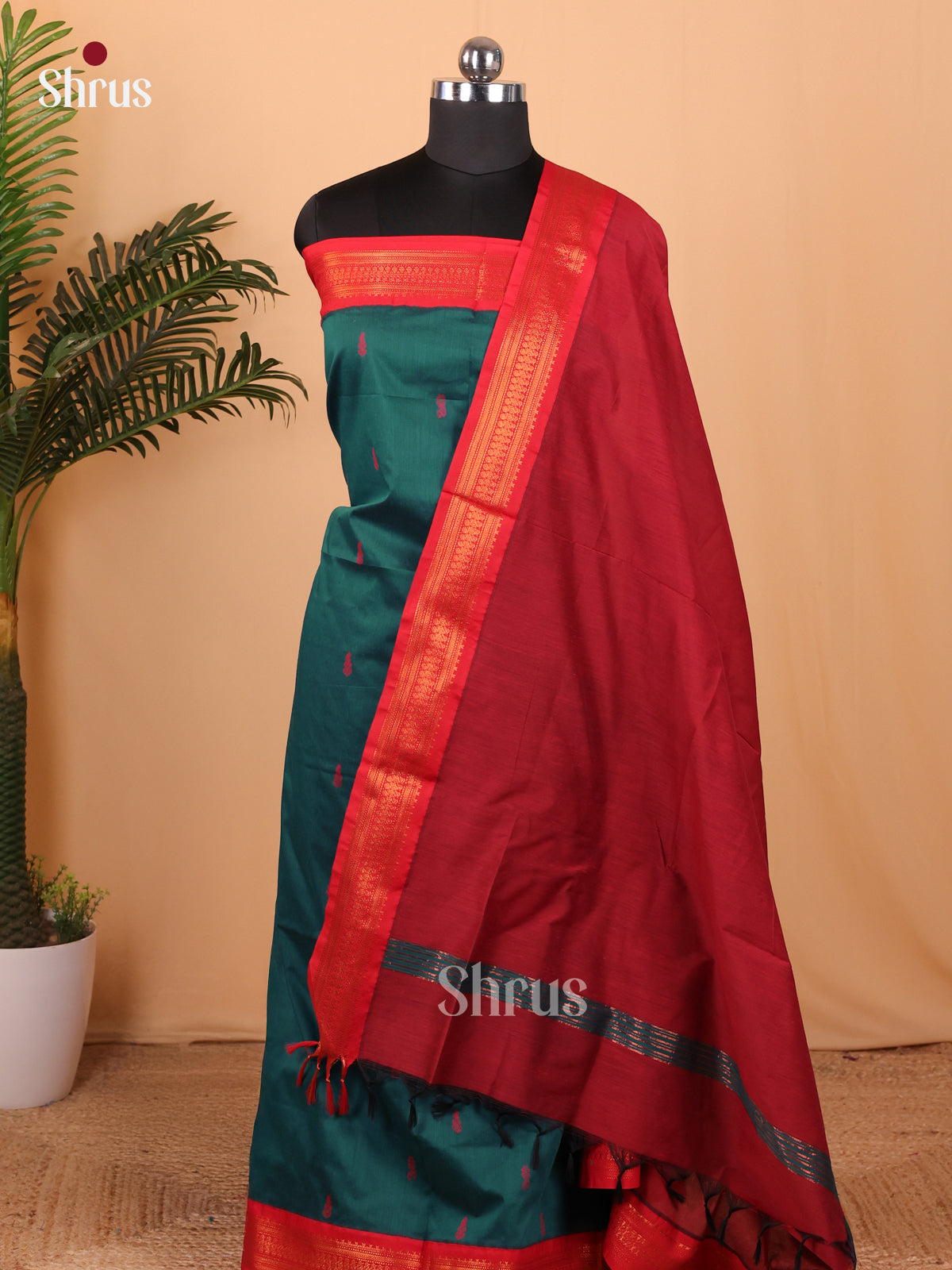 Green & Red Kalyani Cotton Unstitched Top & Dupatta- MDA22006 - Shop on Shrus.com