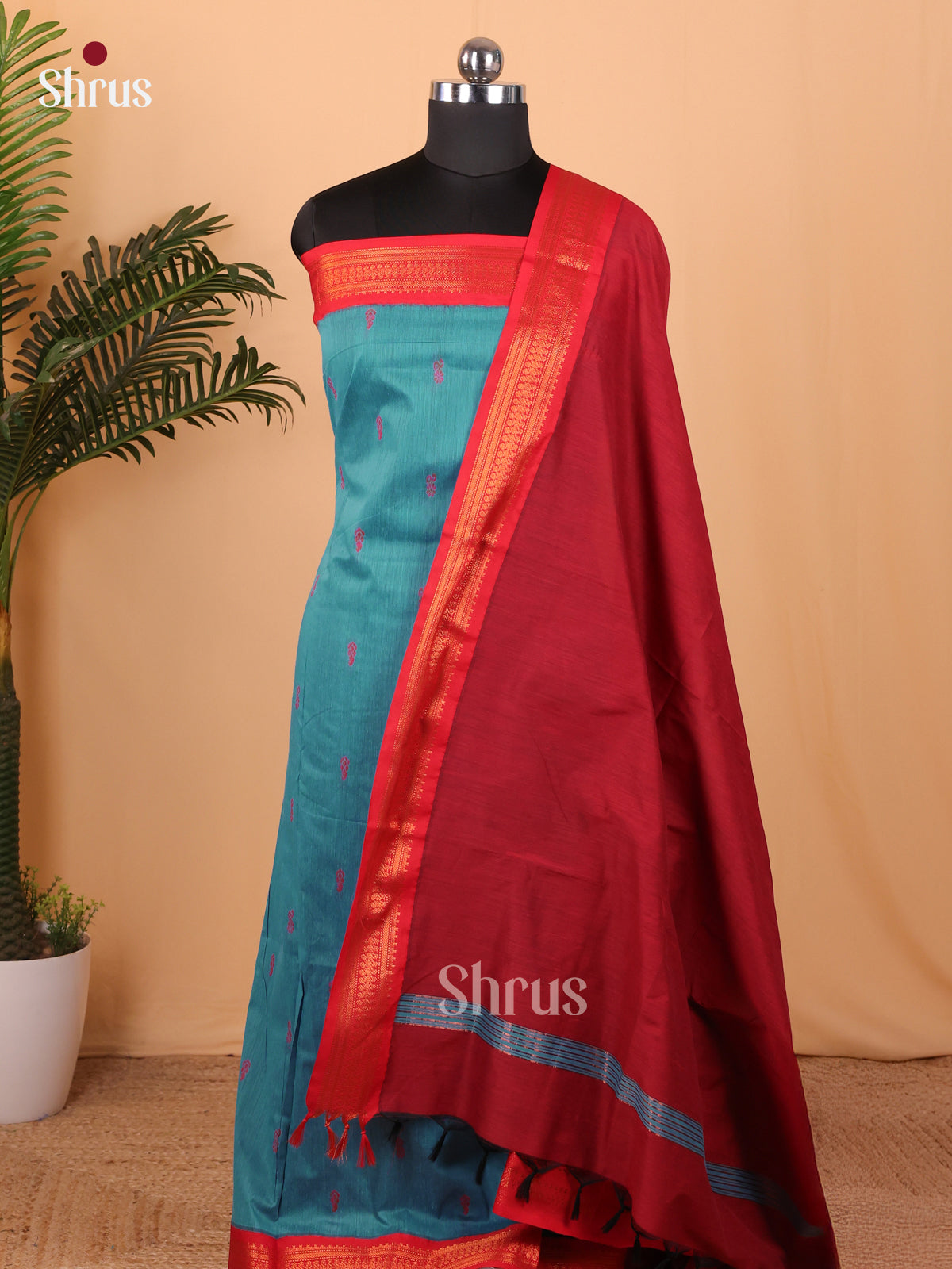 Blue & Maroon Kalyani Cotton Unstitched  Top & Dupatta- MDA22008 - Shop on Shrus.com