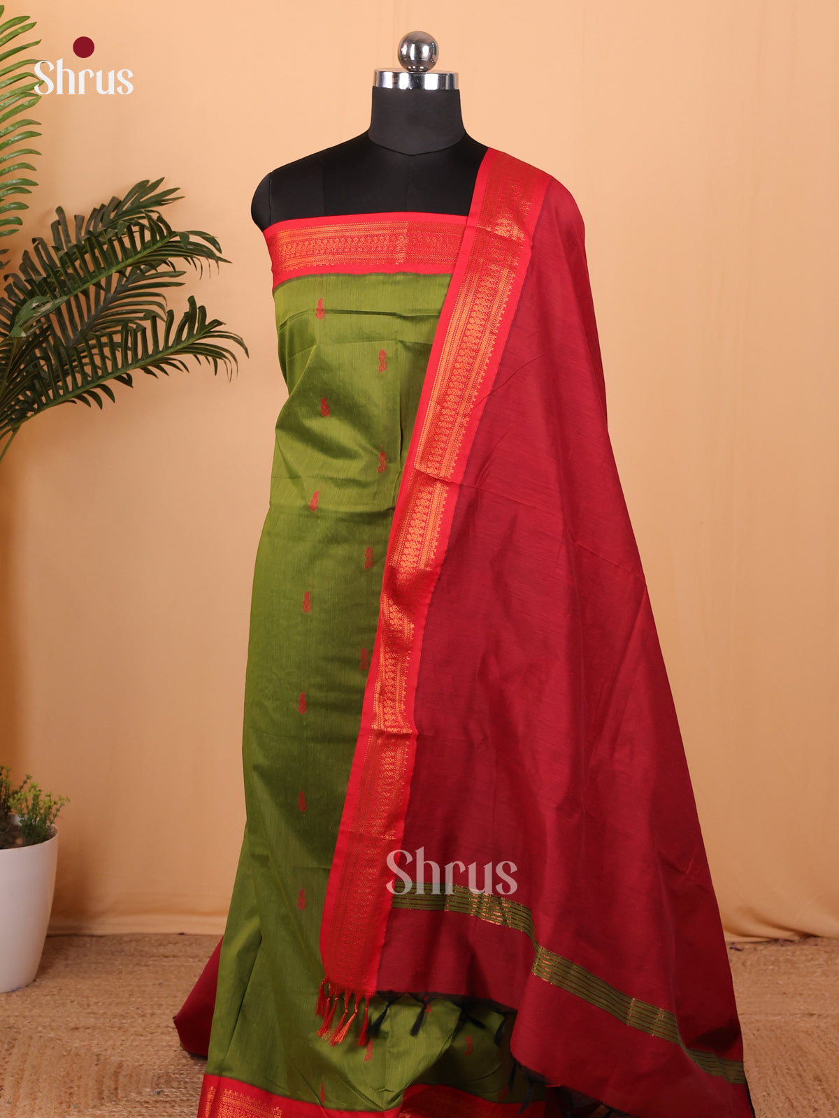 Green & Maroon Kalyani Cotton Unstitched Top & Dupatta- MDA22010 - Shop on Shrus.com