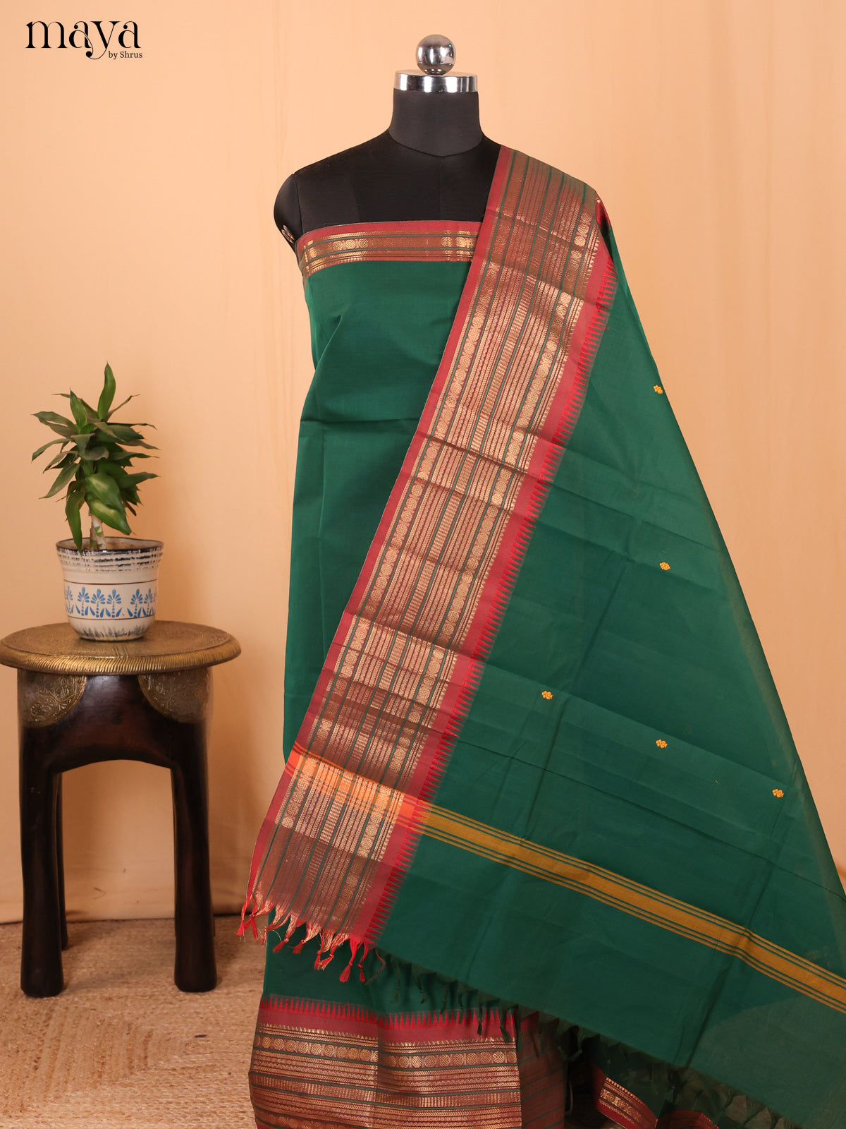 Green & Red - Chettinad Cotton Unstitched Top & Dupatta - MDA24001 - Shop on Shrus.com
