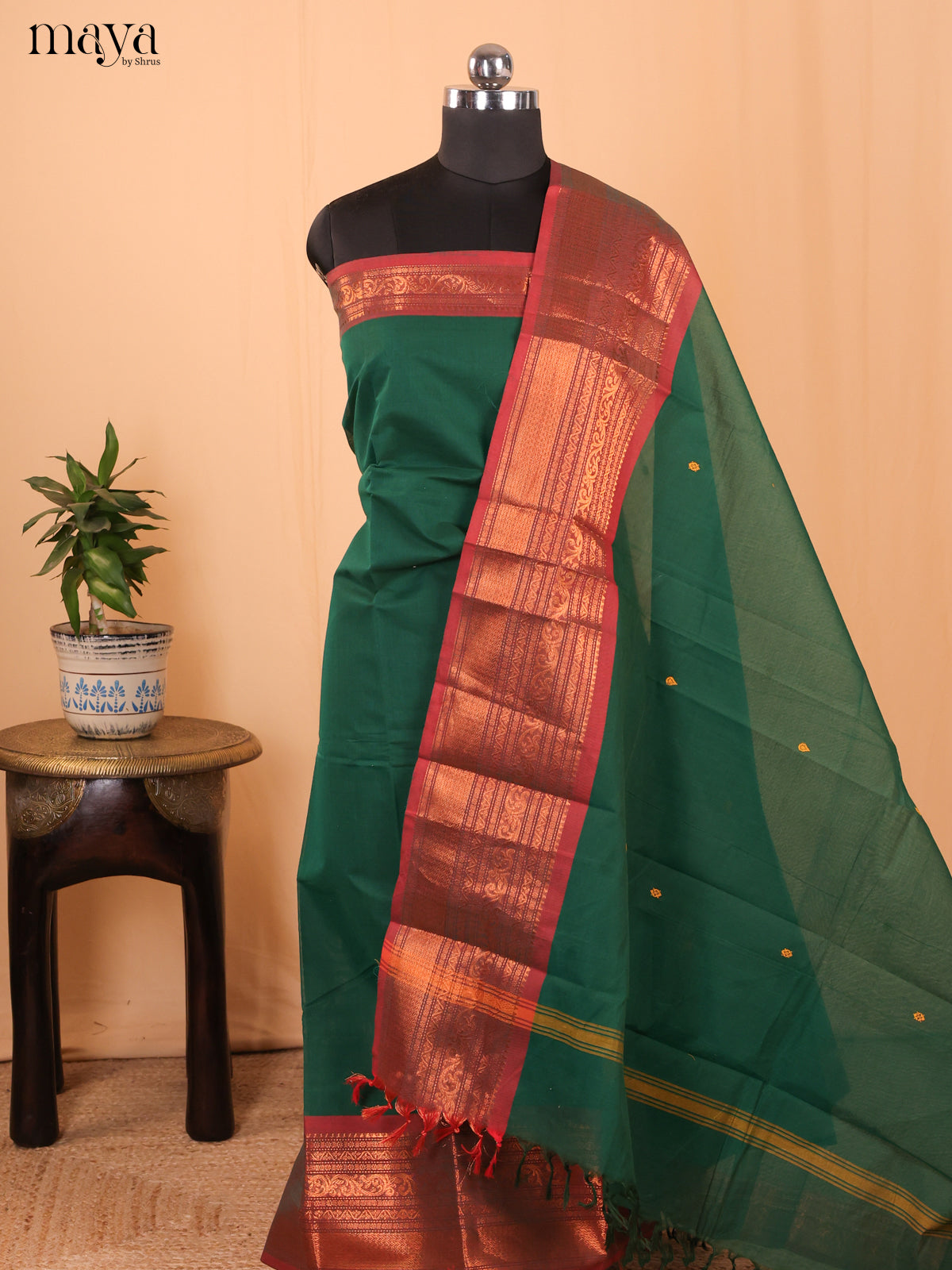 Green & Brown - Chettinad Cotton Unstitched Top & Dupatta -MDA24011 - Shop on Shrus.com