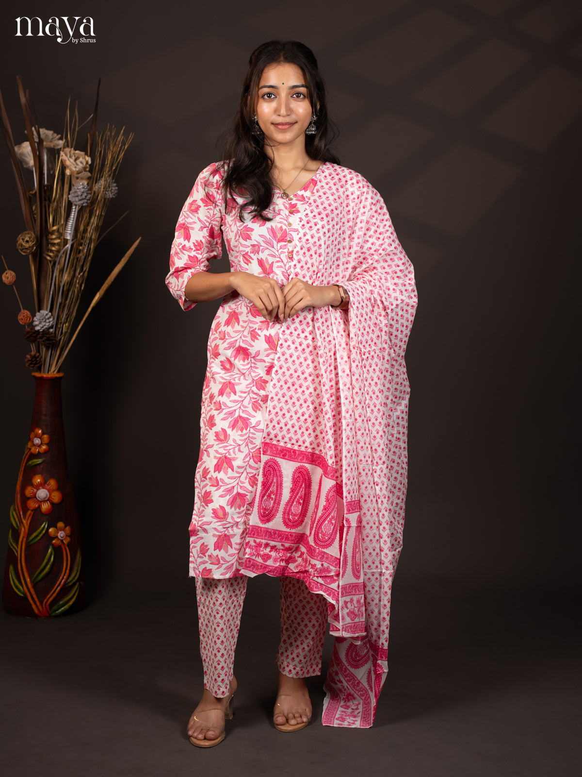 White with Pink Cotton 3Pc Salwar with Floral Print - Top, Bottom & Dupatta - Shop on Shrus.com