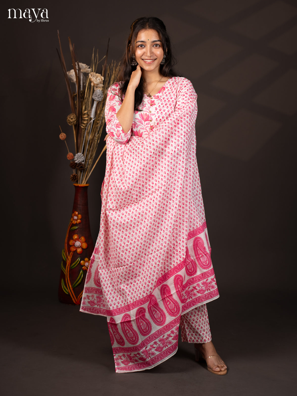 White with Pink Cotton 3Pc Salwar with Floral Print - Top, Bottom & Dupatta - Shop on Shrus.com