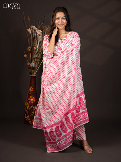 White with Pink Cotton 3Pc Salwar with Floral Print - Top, Bottom & Dupatta - Shop on Shrus.com