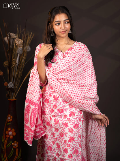 White with Pink Cotton 3Pc Salwar with Floral Print - Top, Bottom & Dupatta - Shop on Shrus.com