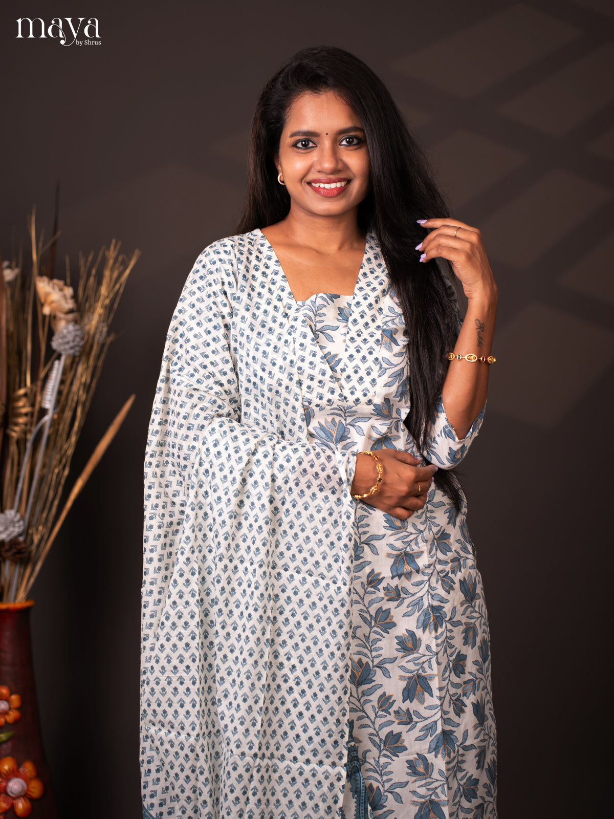 White Cotton 3Pc Salwar with Floral Print - Top, Bottom & Dupatta - Shop on Shrus.com