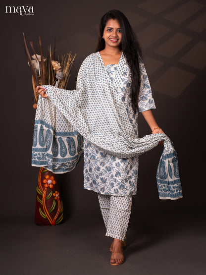 White Cotton 3Pc Salwar with Floral Print - Top, Bottom & Dupatta - Shop on Shrus.com