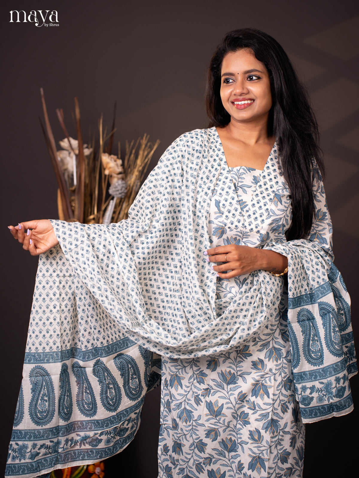 White Cotton 3Pc Salwar with Floral Print - Top, Bottom & Dupatta - Shop on Shrus.com