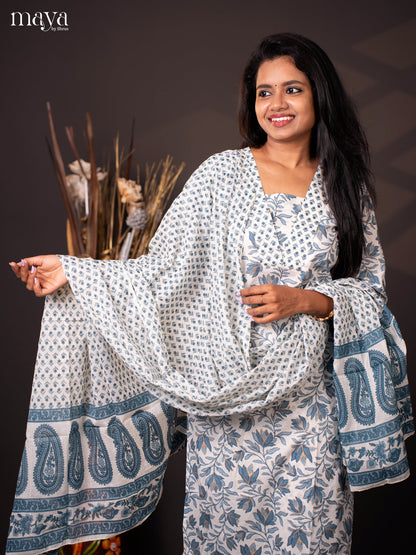White Cotton 3Pc Salwar with Floral Print - Top, Bottom & Dupatta - Shop on Shrus.com