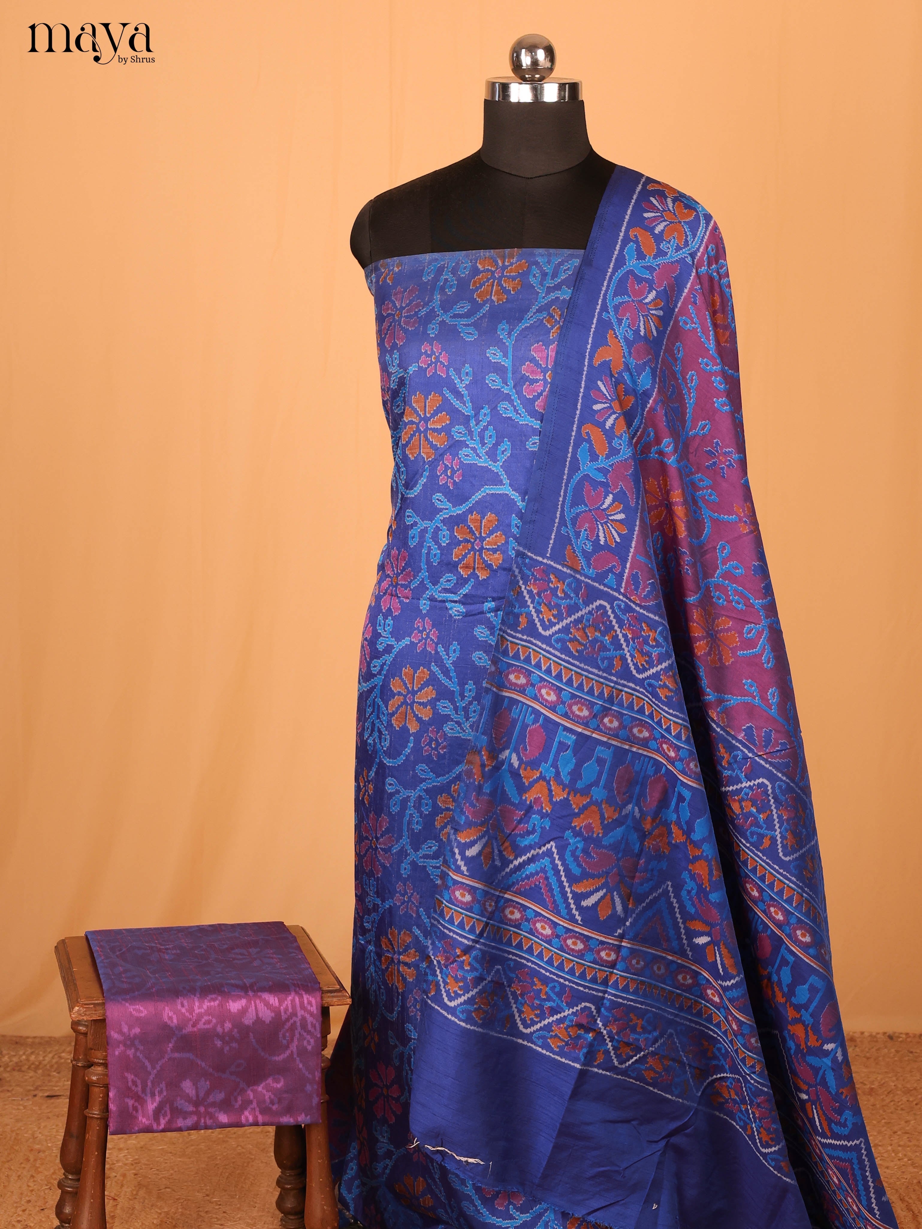 Royal Blue & Violet Semi Patola Unstitched Top, Bottom & Dupatta - MDB04002 - Shop on Shrus.com