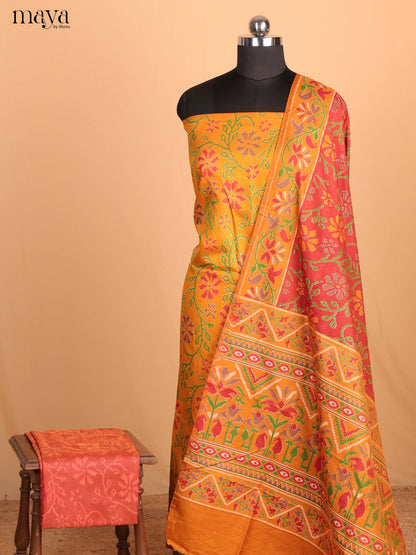 Yellow & Reddish pink Semi Patola Unstitched Top, Bottom & Dupatta - MDB04003 - Shop on Shrus.com