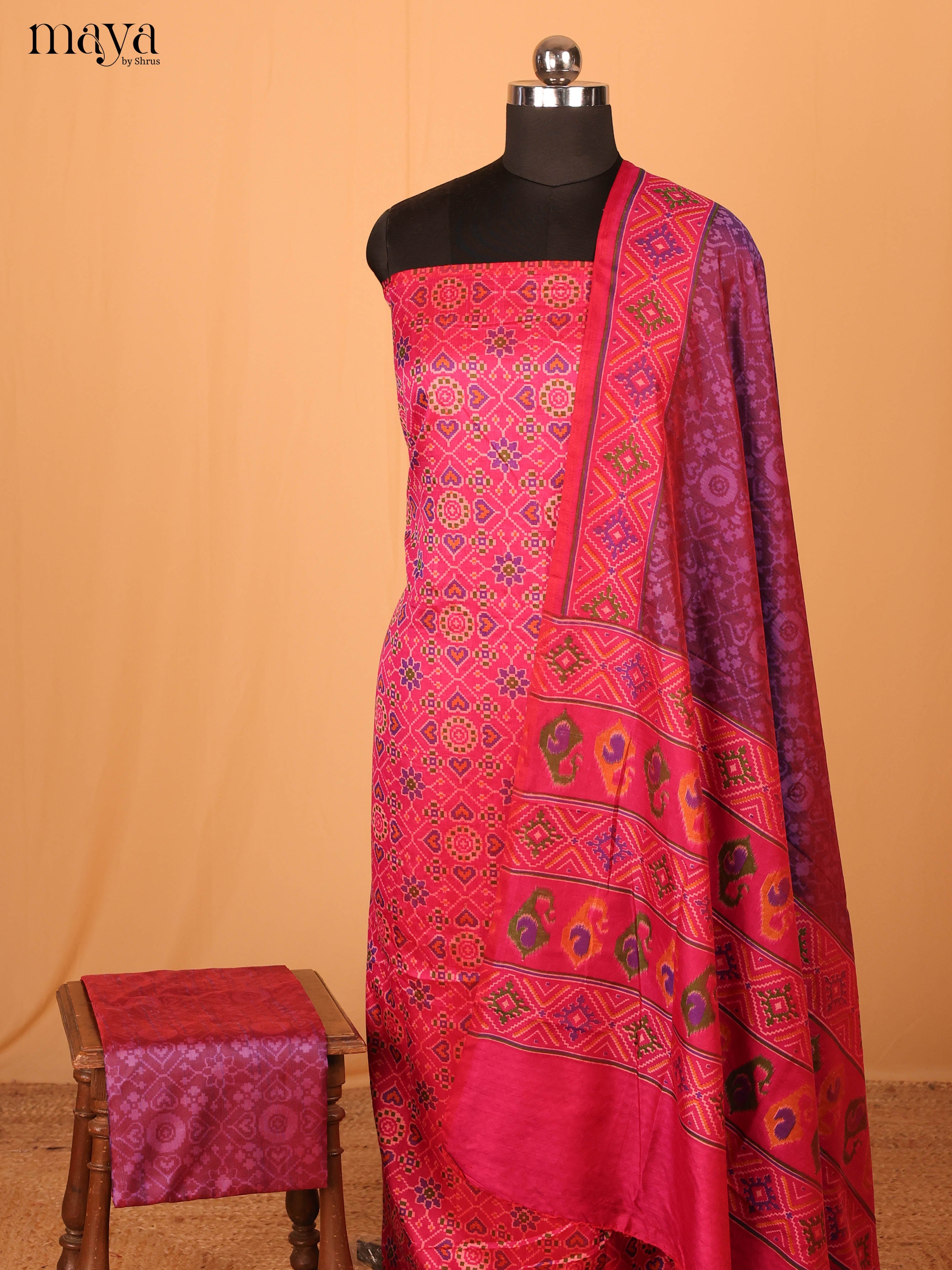 Pink & Violet Semi Patola Unstitched Top, Bottom & Dupatta -MDB04006 - Shop on Shrus.com