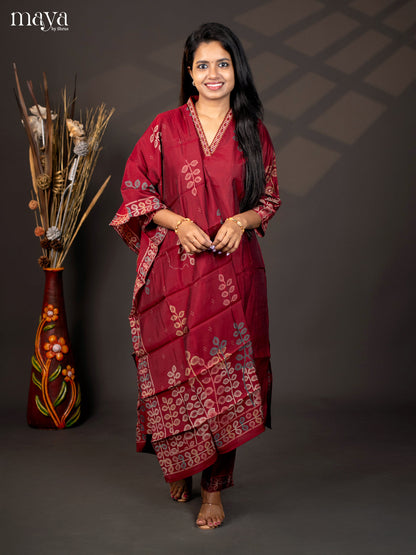 Embroidered Cotton 3Pc Maroon Salwar Suit - Top, Bottom & Dupatta