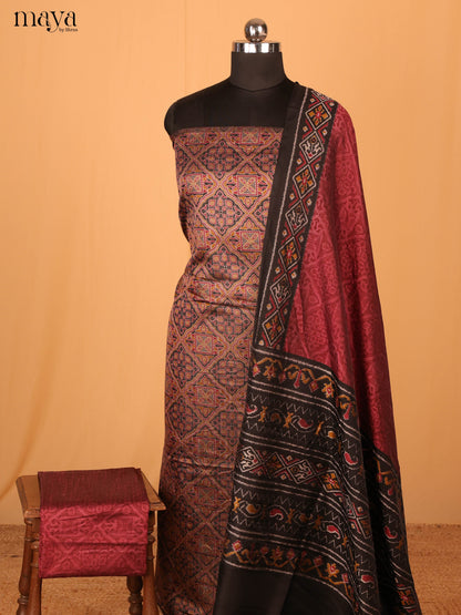 Light Brown & Maroon Semi Patola Unstitched Top, Bottom & Dupatta - MDB08095