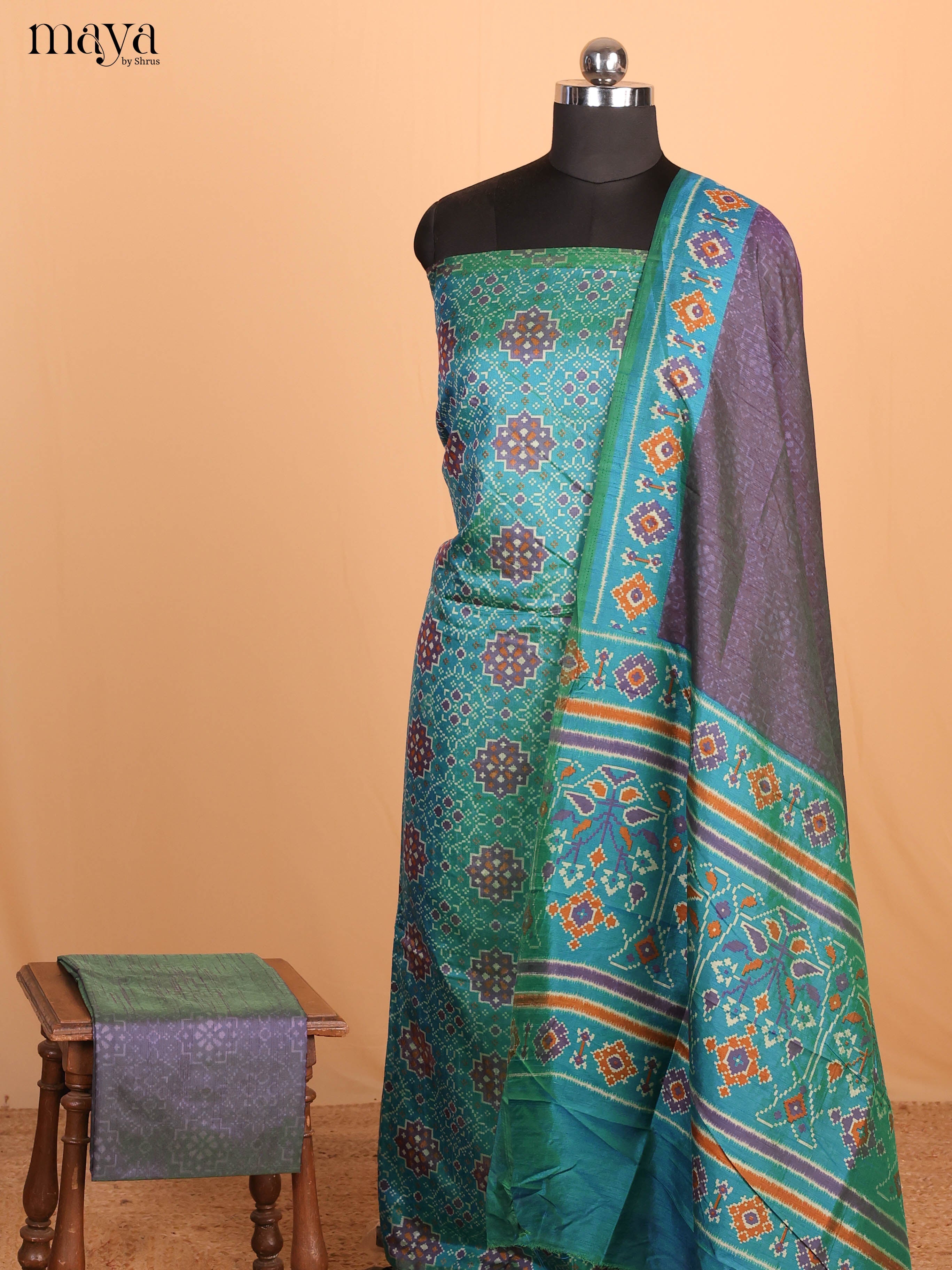 Vibrant Blue Semi Patola Salwar Suit Material With Geometric Motifs
