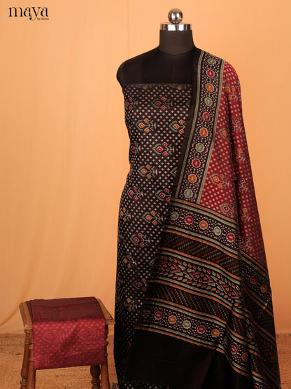 Black & Maroon Semi Patola Unstitched Top, Bottom & Dupatta - MDB08103