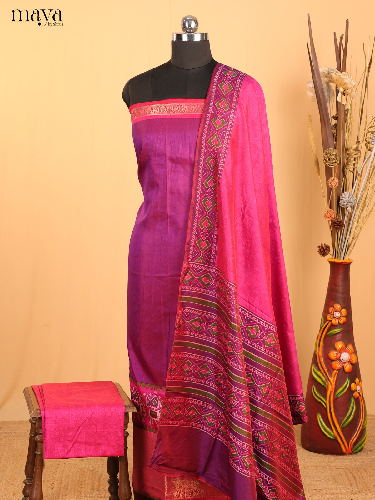 Purple & Pink Semi Patola Unstitched Top, Bottom & Dupatta - MDB12001