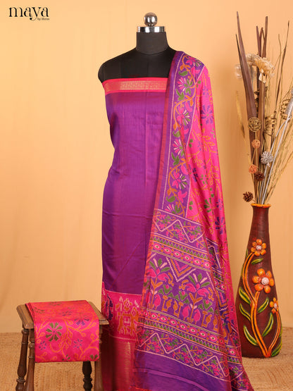 Purple & Pink Semi Patola Unstitched Top, Bottom & Dupatta - MDB12005