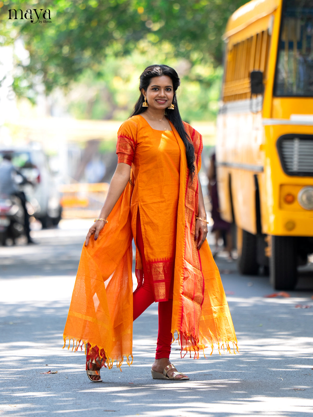 Orange & Red Chettinad Cotton Unstitched Top & Dupatta- MDB20002 - Shop on Shrus.com
