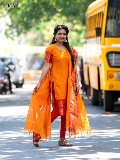 Orange & Red Chettinad Cotton Unstitched Top & Dupatta- MDB20002 - Shop on Shrus.com