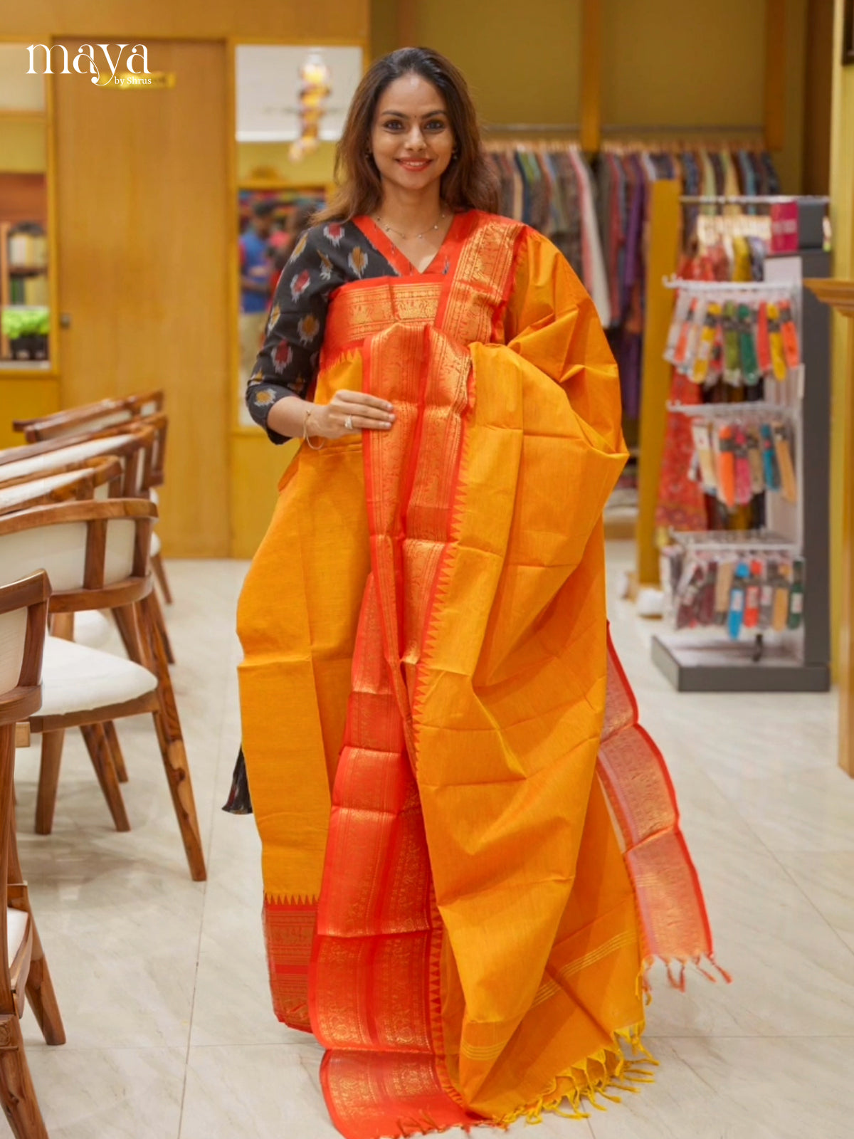 Orange & Red Chettinad Cotton Unstitched Top & Dupatta- MDB20002