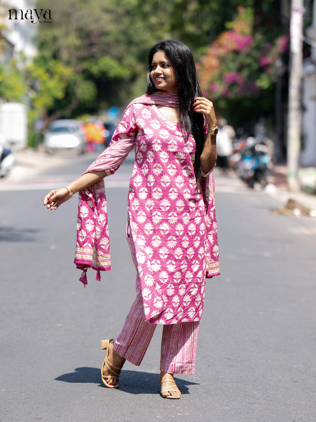 Pink Cotton 3Pc Salwar Suit with Floral Print - Top, Bottom & Dupatta
