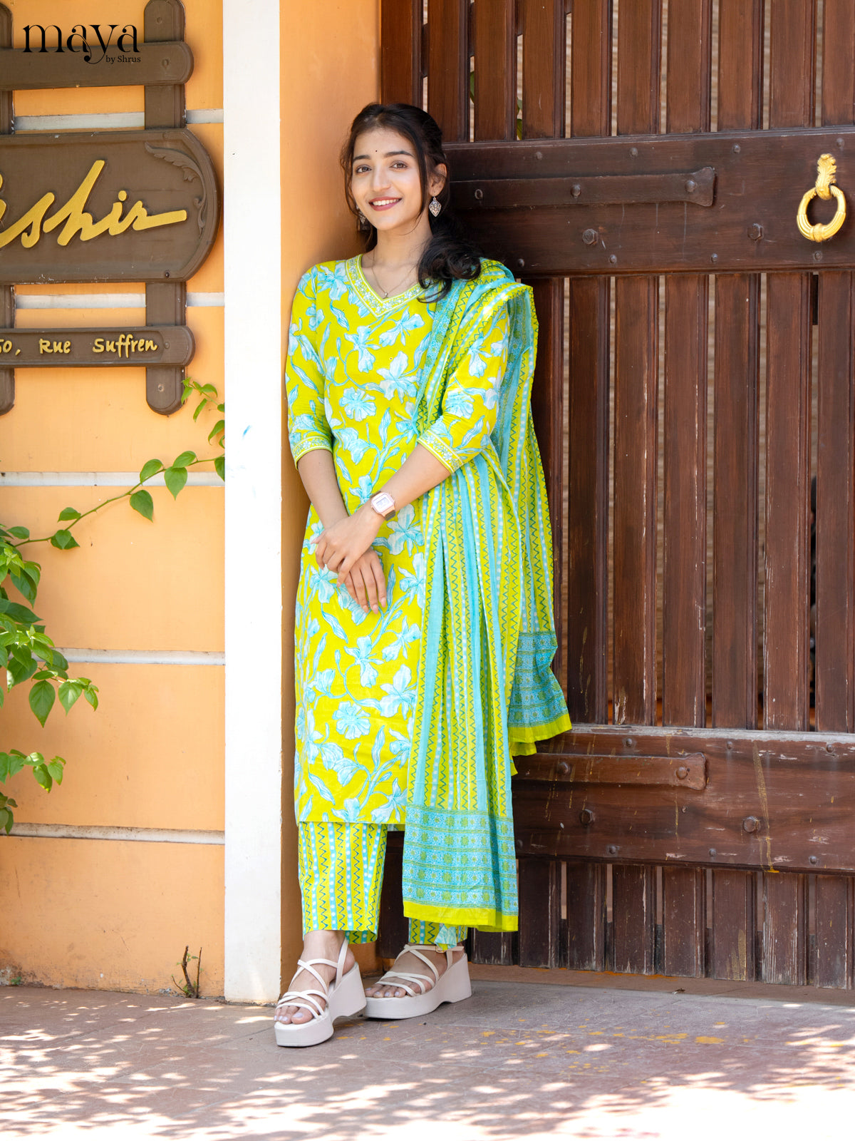 Neon Green Cotton 3Pc Salwar Suit with Floral Print - Top, Bottom & Dupatta
