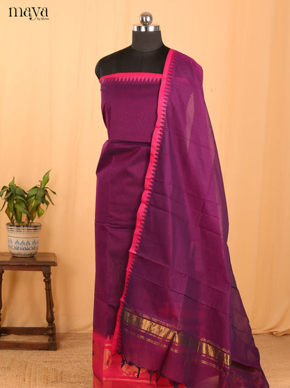 Purple & Pink Chettinad Cotton Unstitched Top & Dupatta - MDB24003