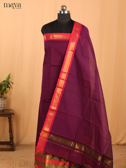 Purple & Pink Chettinad Cotton Unstitched Top & Dupatta - MDB24004