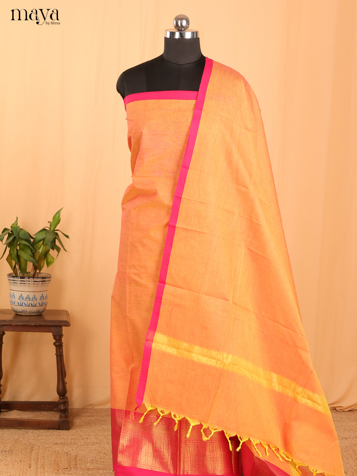 Vibrant Orange Chettinad Cotton Salwar Suit Material With Zari Border