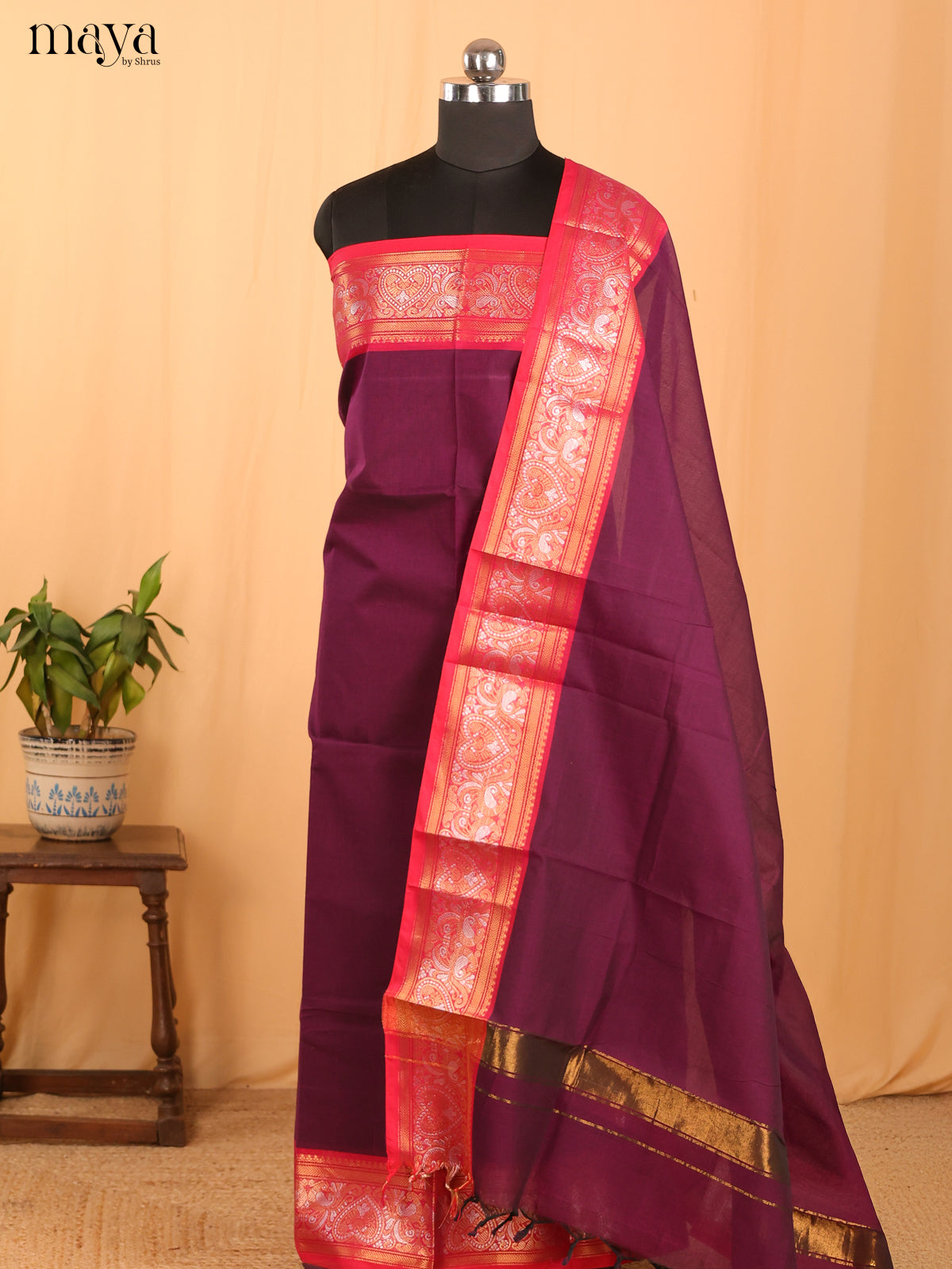 Purple & Pink Chettinad Cotton Unstitched Top & Dupatta - MDB24011