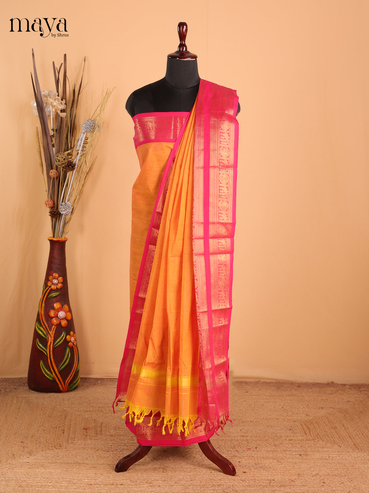 Chic Orange Chettinad Cotton Salwar Material(Top & Dupatta) With Zari Border