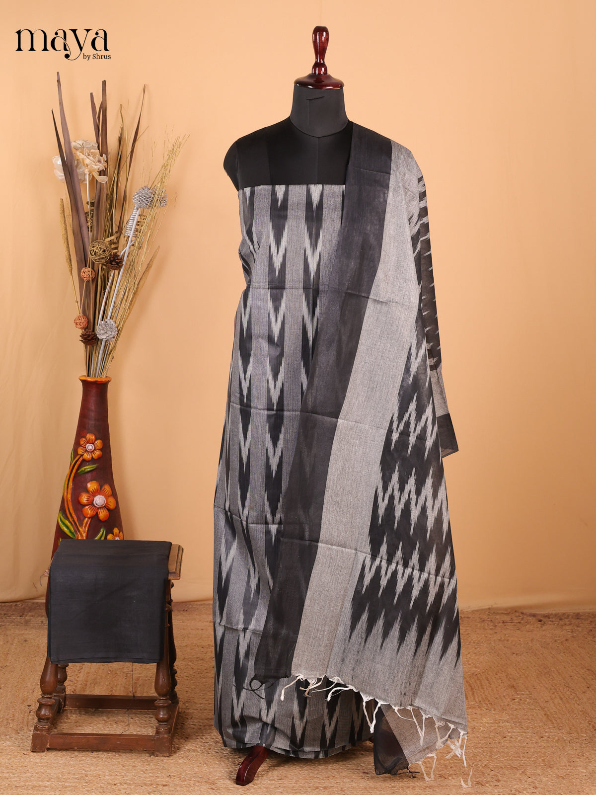 Black & grey - Ikkat Cotton Unstitched Material Top, Bottom & Dupatta - MDB27001