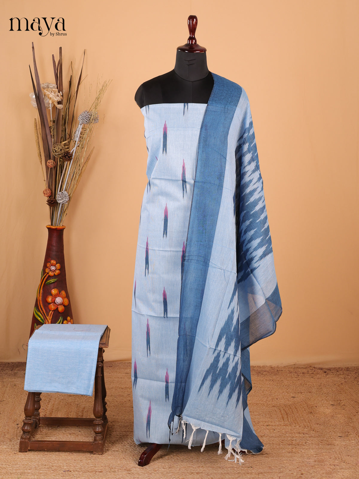 Blue & peacock blue - Ikkat Cotton Unstitched Material Top, Bottom & Dupatta - MDB27018