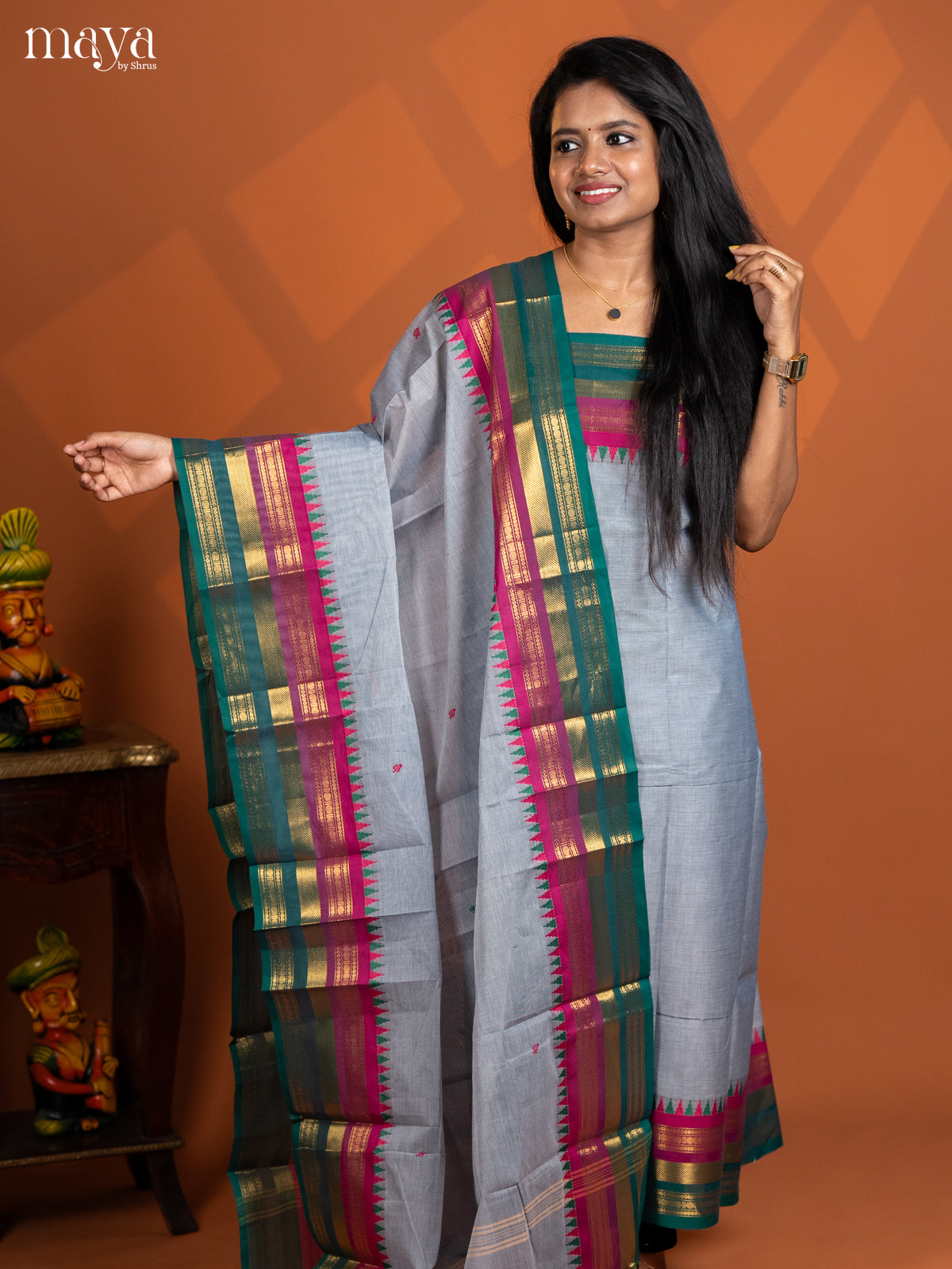 Dual Tone Grey with White  chettinad top & dupatta - MDD17009