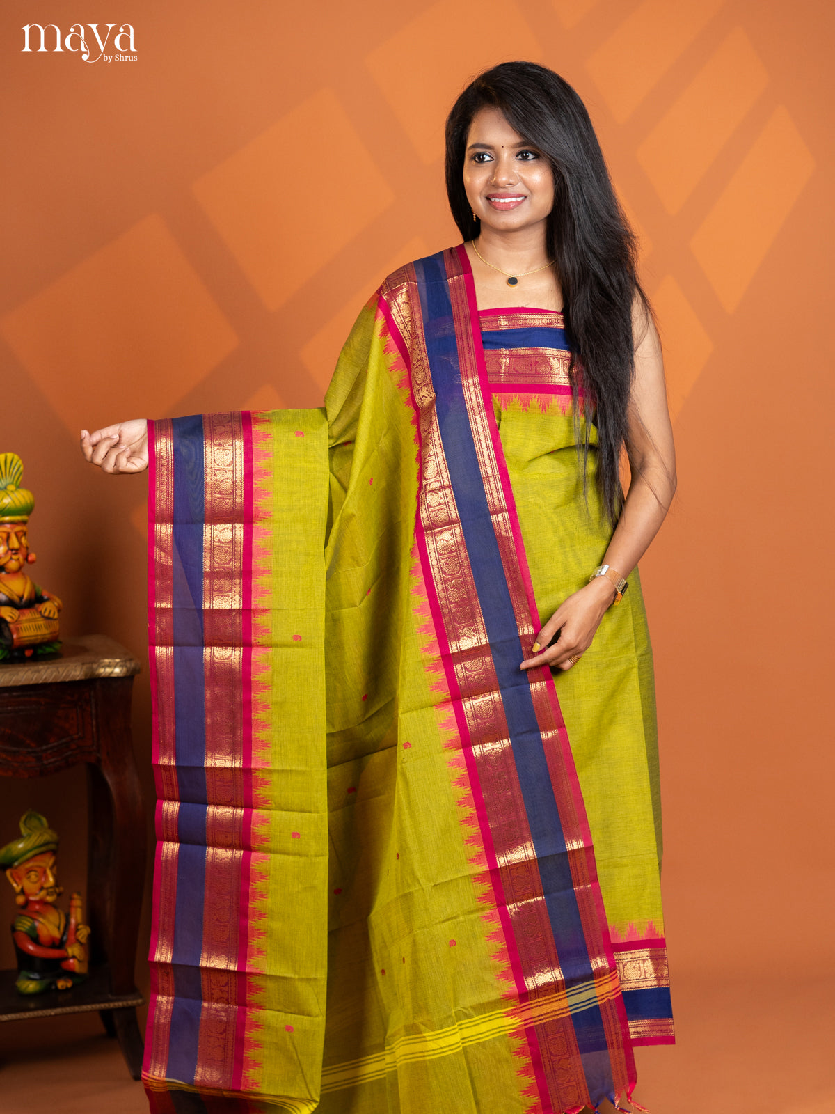 Dual Tone Lime Yellow with Bottle Green chettinad top & dupatta  - MDD17016