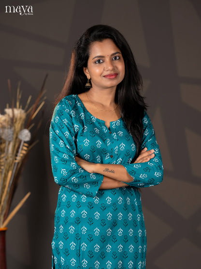Teal Green Floral Printed Rayon Straight Kurti