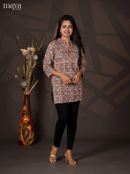 Maroon Kalamkari Handblock Printed Cotton Straight Short Kurta
