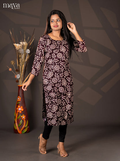 Dark Brown Floral printed Rayon Straight Kurti
