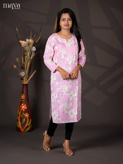 Baby pink Floral Printed Rayon Straight Kurti